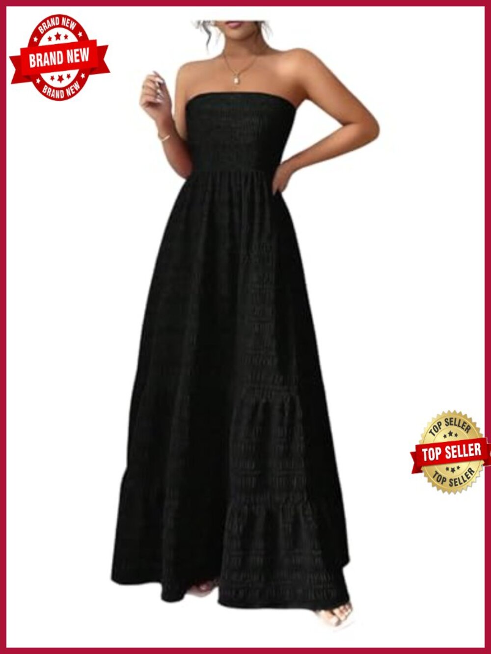 Strapless Maxi Dress A-Line Ruffle Hem Tiered Flowy Summer Formal